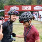 Samara Sheppard and Kyle Ward share a smile at the finish line of the Motatapu on Saturday.PHOTO:...