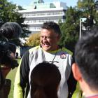 Japan coach Jamie Joseph laughs during a press conference at the North Ground yesterday. Photo:...