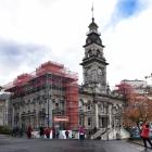 Scaffolding covers parts of the Municipal Chambers in Dunedin. PHOTO: PETER MCINTOSH
