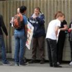 Sam Sharpe (left) protests about protesters  outside the Dunedin hospital yesterday. Photo by Stephen Jaquiery.