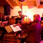 A string quartet of (from left) violinists Benjamin Baker and Justine Cormack, viola player...