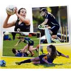 Clockwise from top left: OGHS centre Caitlin Thomson prepares to pass the ball; Rebecca Dean, also of OGHS, moves in to a shot; Elsie Anderson, of Wakatipu High School, makes a tackle; Columba College’s Niamh Paterson loses the ball forward in the tackle 