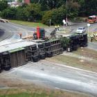 The scene of a serious crash yesterday where a Summerland Express truck rolled and came to a stop...