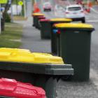 A colourful array of new plastic bins in Aubrey St, Wanaka, on Tuesday. Photo: Mark Price