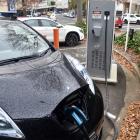 A Nissan Leaf charges at the rapid charge station in Filleul St yesterday. The Dunedin EV Owners...