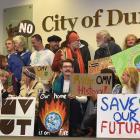 Protesters gather inside the Dunedin City Council building yesterday to support councillors who...
