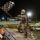 American sprintcar star Buddy Kofoid celebrates his win at this year’s NZ Sprintcar Title event...