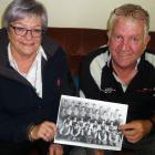 Methven High School class of 1969 students Judith Lilley and Kit Kennedy with a copy of the old...