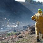 Firefighters from the Wakari brigade damp down hot spots in a rural gully near Lawrence yesterday...