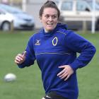 Otago lock Julia Gorinski exchanges a light moment with a team-mate during a training session at...