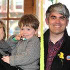 New mayor Aaron Hawkins celebrates with his wife Anya Sinclair and son Emile Hawkins (3). Photo:...
