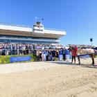 Blair Orange driving Cruz Bromac poses with the owners after winning Race 10 Christchurch Casino...