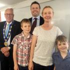 Queenstown Lakes Mayor Jim Boult (left) with newly sworn in councillor Glyn Lewers, his wife...