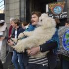Jack Brazil and his standard poodle Saffron Squish join other demonstrators protesting against an...