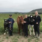 Practising their calf-handling prowess are (from left) Jake Eden, Ebony Eden (both 10, of Balfour) and Emily Agnew (16), of Mataura. Emily borrows calves from the Eden family for competitions. Photo: Supplied