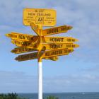 Bluff's iconic Stirling Point sign showing incorrect directions and distances to cities around...