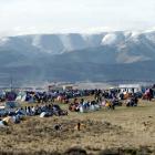 The snow-covered Hawkdun Range rises above the Brass Monkey Rally camp at Idaburn dam, near...