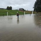 Mataura Rodeo Club member Anthony Perkins wades through the water on the Mataura rodeo grounds....