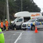 Emergency services at the scene of a fatal vehicle accident where a motorcyclist was killed at...