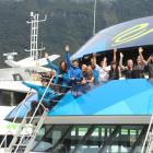 On board...Real Journeys Milford Sound cruise crew got together to celebrate the road being one...