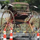 A carriage sits atop a trailer in readiness for filming.