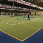 Edgar Centre facilities manager Brendon Tilleyshort moves a goal at the venue yesterday. PHOTO:...