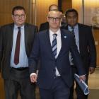 David Clark, flanked by colleagues Grant Robertson (left) and Kris Faafoi, arrives at Thursday’s...