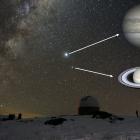 A composite of a wide field view showing Jupiter and Saturn in the sky with close-ups taken...