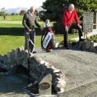 Ross Gourley and Sir Bob Charles on a replica of the famous St Andrews Swilcan Bridge, built by...