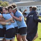 The King’s High School First XV celebrates after beating Southland Boys’ High School at King’s on...