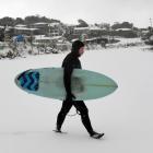 Kaka Point resident Hayden Campbell has the beach and waves to himself as he heads out for a surf...