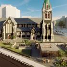 This view from the north shows the reinstated tower, the café, landscaped outdoor areas, and to...