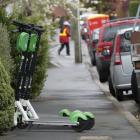 Lime scooters parked on Gladstone Rd in Dunedin yesterday. PHOTO: GERARD O’BRIEN