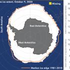 A combination picture shows a segment of the largest ice shelf in the Arctic breaking away. PHOTO...