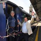 Dunedin Mayor Aaron Hawkins (left) and Dunedin City Holdings Ltd chairman Keith Cooper celebrate...