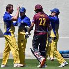 Raval is bowled by Otago paceman Matt Bacon who then (left) celebrates with team-mates Mitch...