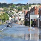 Flooding on St Andrew St in Dunedin on Saturday morning. Photo: Christine O'Connor