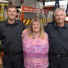 Phillipa Scott, of Dunedin, meets firefighters Aaron Collins (left) and Rob Torrance at Dunedin’s...