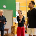 Rehearsing for The Soldier’s Tale are (from left) narrator Peter Hayden, director Sara Brodie and...