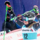 Queenstown’s Alice Robinson celebrates winning the gold medal  at the  FIS Giant Slalom World Cup...