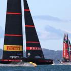 Luna Rossa leads Team New Zealand on its way to victory in Race 3 today. Photo: Getty