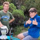 Testing a juice bike which will be on display at the Wanaka A&amp;P Show are mechanic Callum...