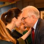 Prime Minister Jacinda Ardern shares a hongi with Australian Prime Minister Scott Morrison in...