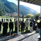 Cory Ratahi (right) plays guitar as his waiata group, Waiatatia, performs at the Queenstown...