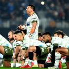 Highlanders captain Ash Dixon leads the haka ahead of the Super Rugby Trans-Tasman final at Eden...