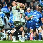The Blues celebrate the final whistle in the Super Rugby Trans-Tasman final at Eden Park. Photo:...