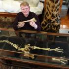 Proctor Auctions salesman Jordan Proctor holds the thigh bone of a moa skeleton due to be...