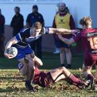 Kaikorai playmaker Ben Miller is tackled by Alhambra-Union winger Peceli Malanicagi at the North...