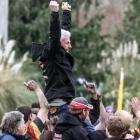 Union rugby coach Peter Stackhouse is hoisted aloft by players and supporters after the North...