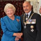 Mary Stanley-Shepherd receives her Queen’s Service Medal from former Governor-General Jerry...